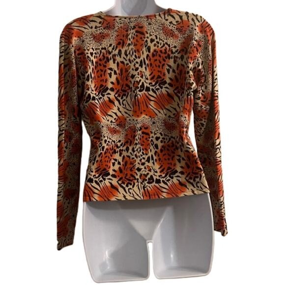 Joseph A. Vibrant Orange and Black Silk Blend Animal Print Blouse, Large - Picture 5 of 5